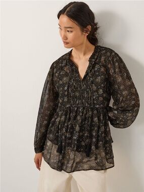 Monsoon Black Print Peasant Blouse